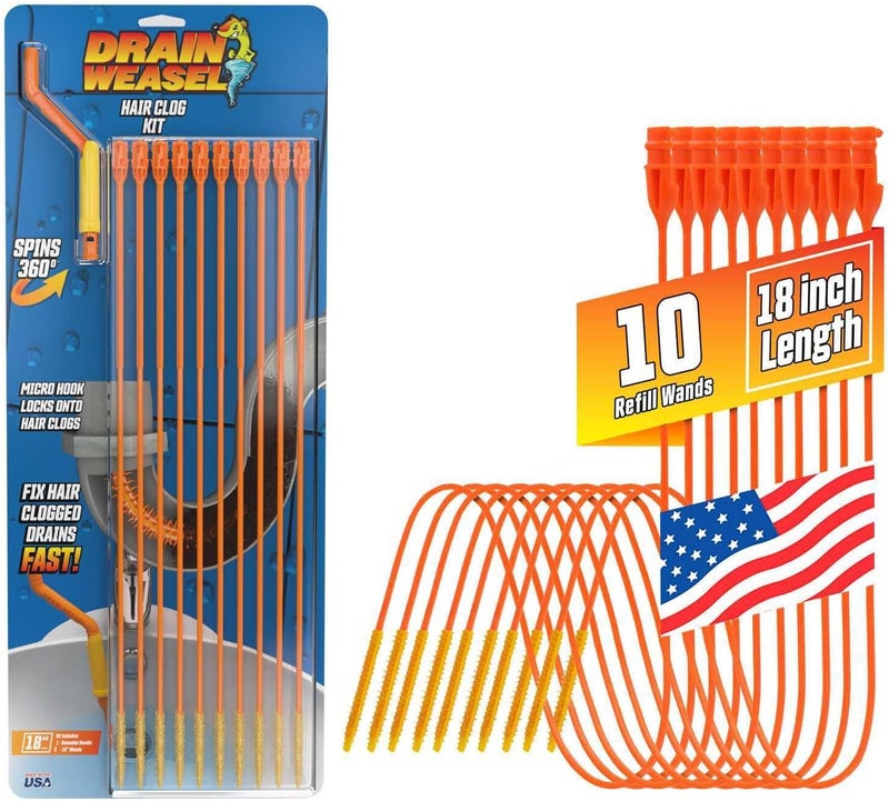 FlexiSnake Drain Weasel Sink Snake Hair Clog Remover Tool, Sink, Pipe, Bathroom, Bathtub Drain Cleaner, 18-inch Long, Flexible, Made in The USA, 10 Pack Wand Refills and Removable Handle - Image 1